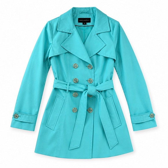 Metaphor Jackets & Blazers - Metaphor Turquoise Blue Double Breasted Trench Coat Belted Jacket Small